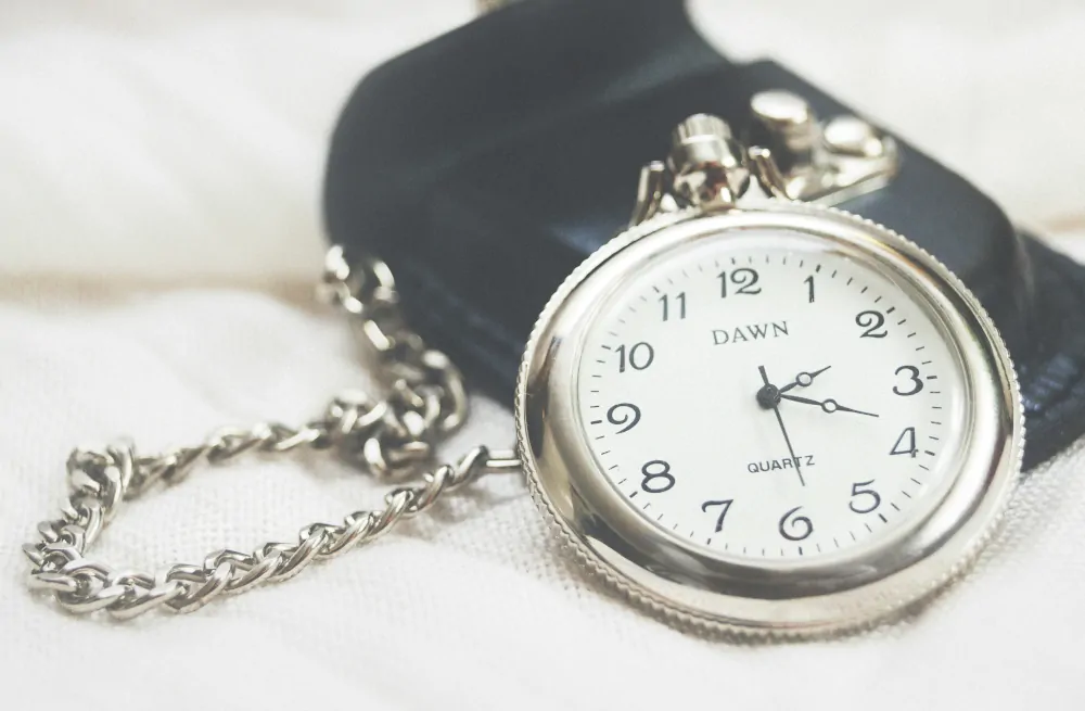 Bild einer silbernen Taschenuhr mit Hülle