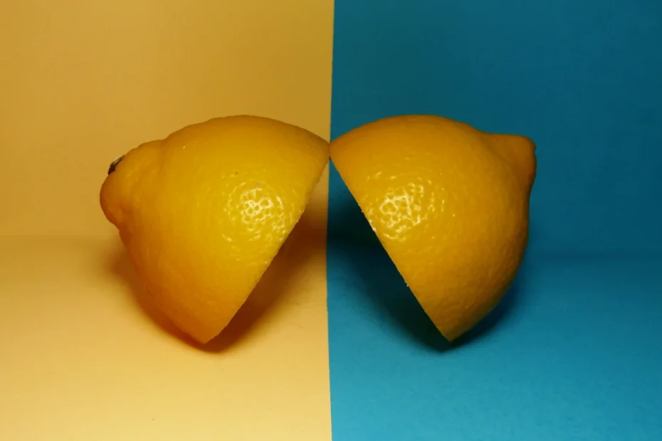 Bild von zwei Zitronenhälften, die mit der Schnittfläche aneinander lehnen. Eine Hälfte ist vor einem gelben, die andere Hälfte vor einem Blauen Hintergrund.