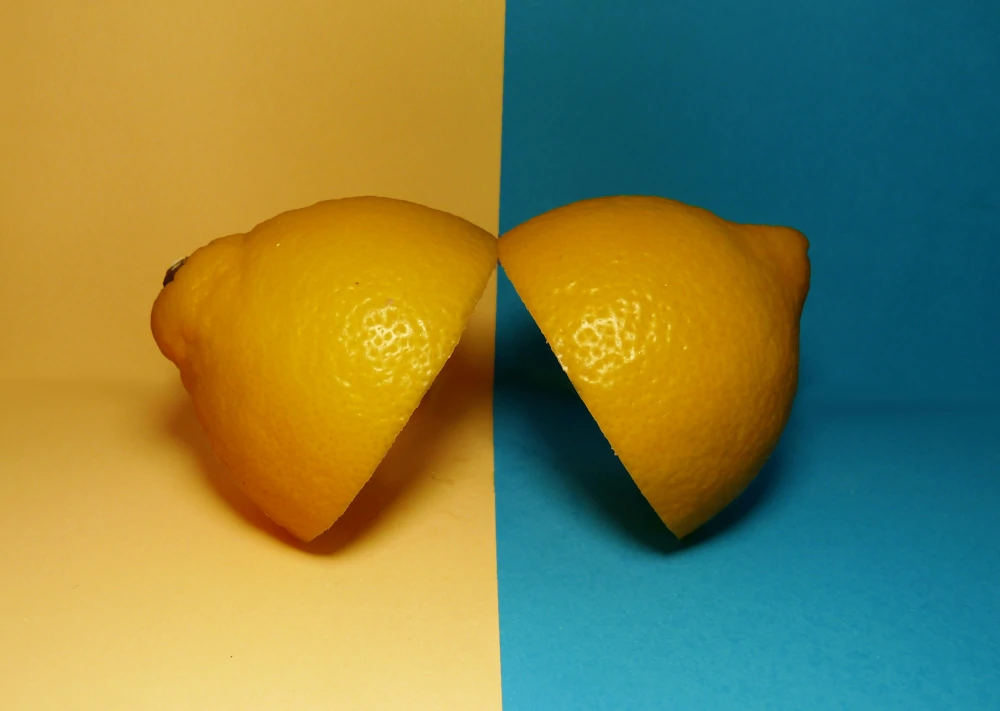 Bild von zwei Zitronenhälften, die mit der Schnittfläche aneinander lehnen. Eine Hälfte ist vor einem gelben, die andere Hälfte vor einem Blauen Hintergrund.